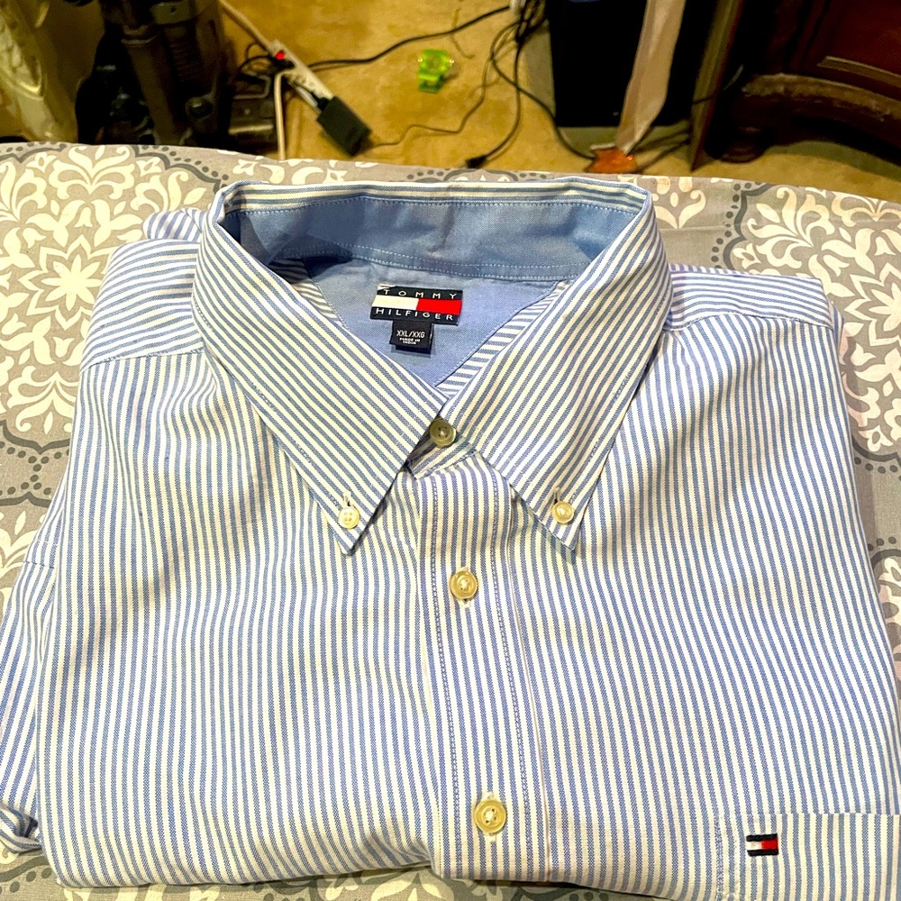 Tommy Hilfiger long sleeve button down.  Light blue and white stripes.